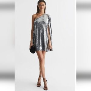 Reiss Eva Sequin Cape One Shoulder Mini Dress